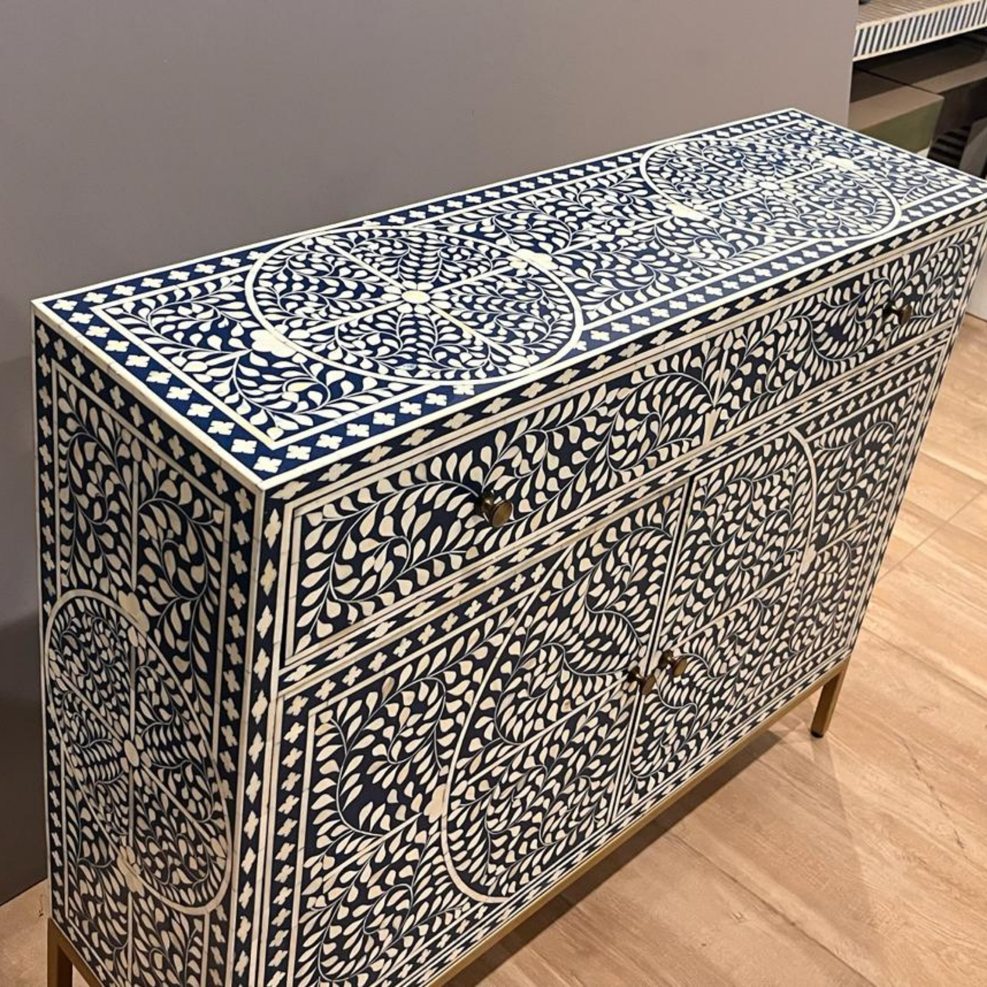 Handmade Bone Inlay Floral Design Sideboard Cabinet | Luxury Storage Buffet Console