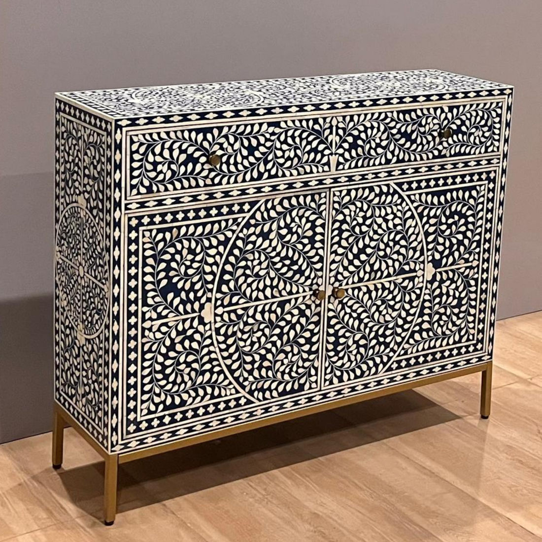 Handmade Black & White Bone Inlay Sideboard – Floral 2 Door Storage Cabinet with Drawers