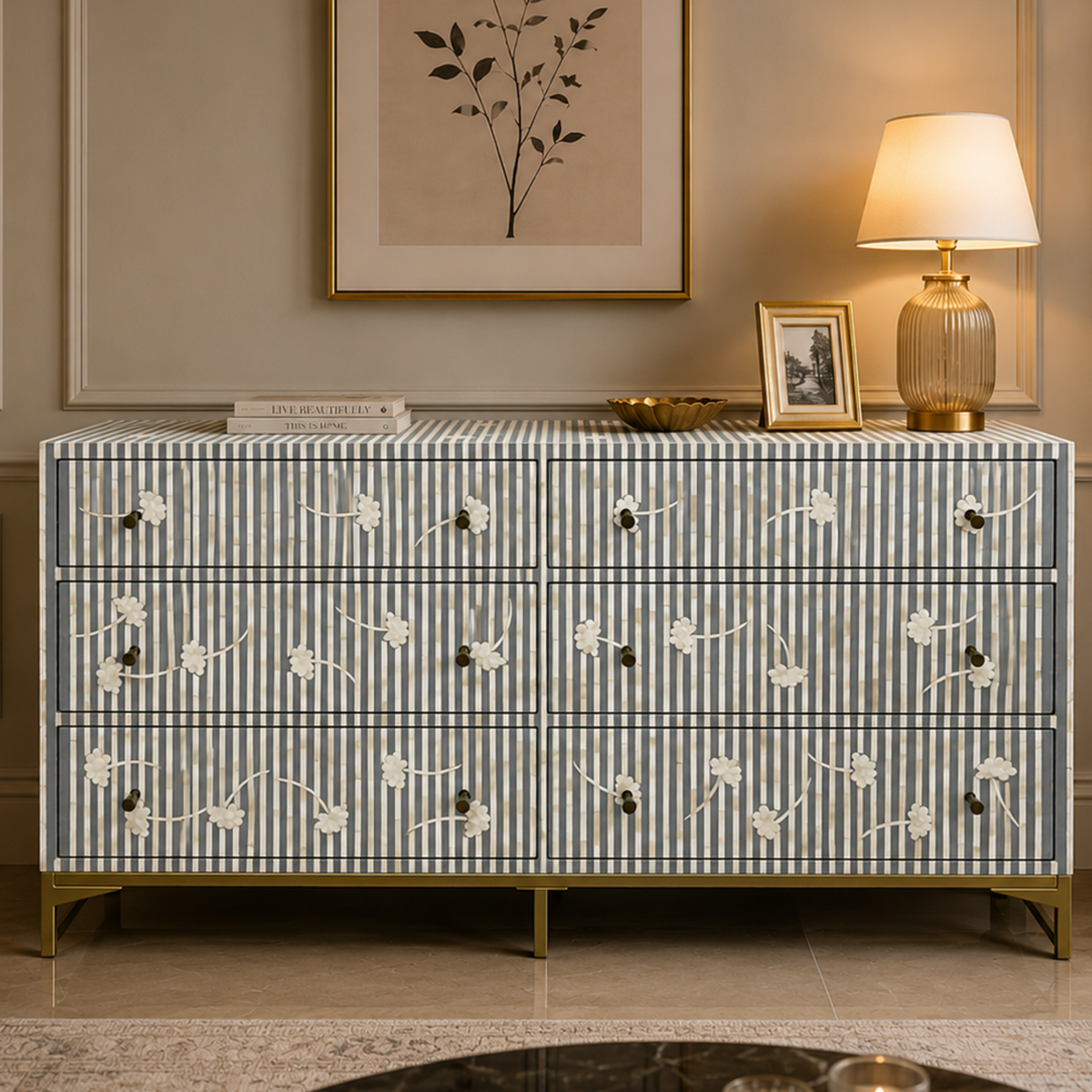Handmade Grey & White Striped Bone Inlay Dresser – Floral 6 Drawer Chest