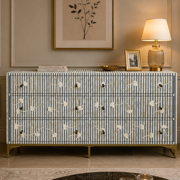 Handmade Grey & White Striped Bone Inlay Dresser – Floral 6 Drawer Chest