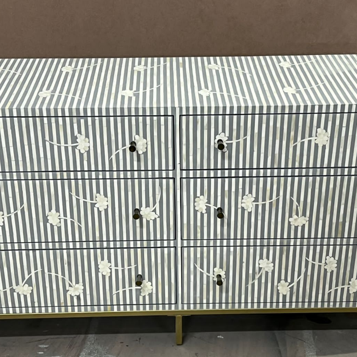Handmade Grey & White Striped Bone Inlay Dresser – Floral 6 Drawer Chest