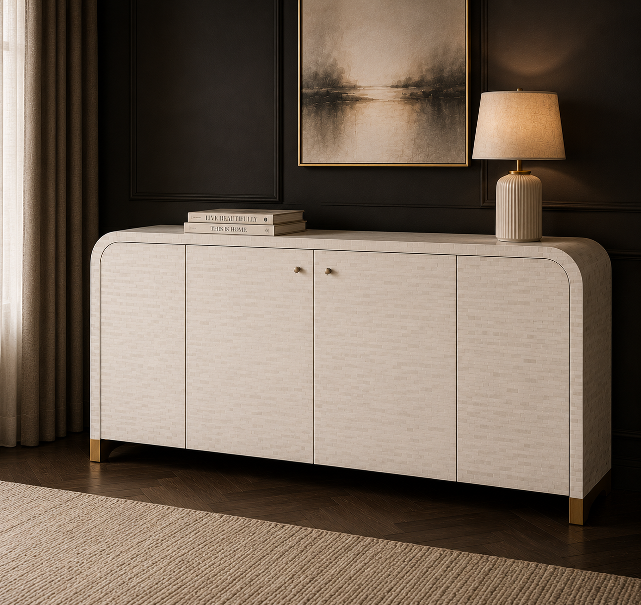 Modern White Bone Inlay Sideboard Cabinet | Handmade Luxury Storage Console