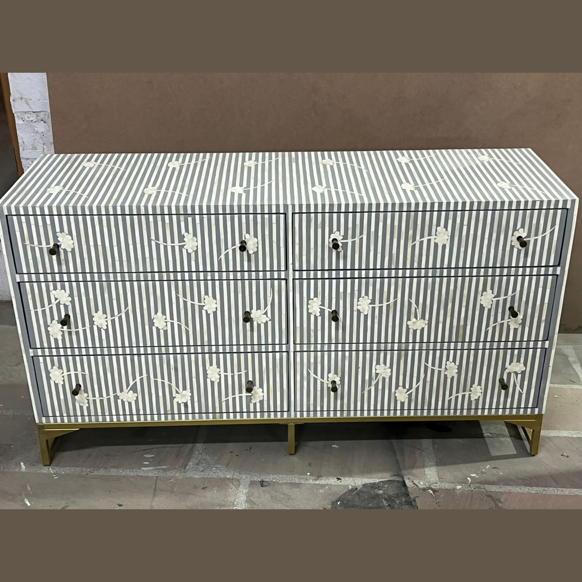 Handmade Grey & White Striped Bone Inlay Dresser – Floral 6 Drawer Chest