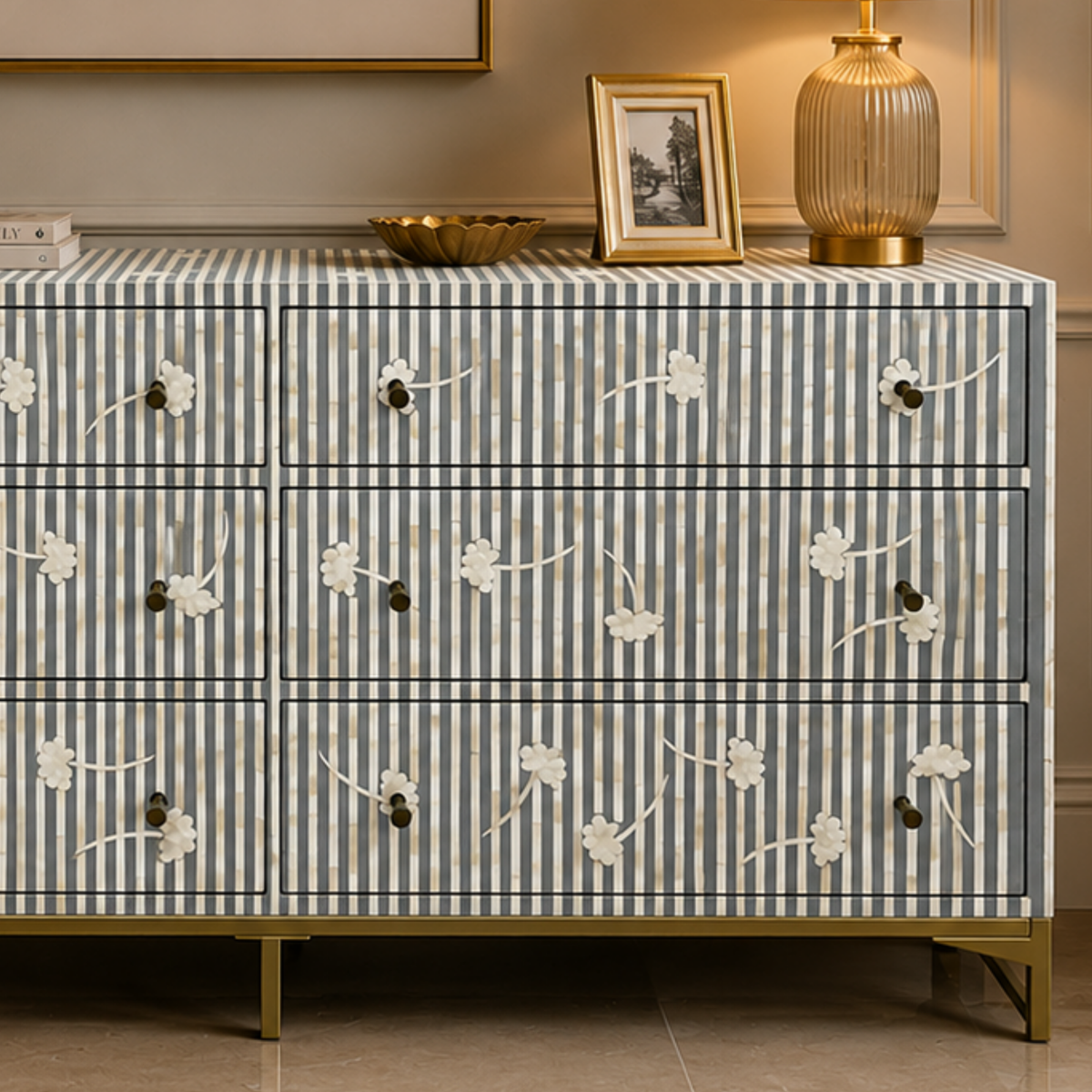 Handmade Grey & White Striped Bone Inlay Dresser – Floral 6 Drawer Chest