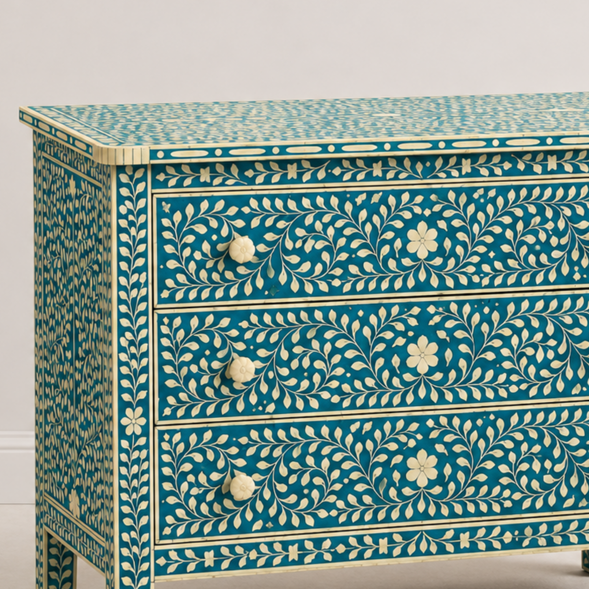 Handmade Turquoise Bone Inlay Floral 3 Drawer Chest | Luxury Bone Inlay Dresser