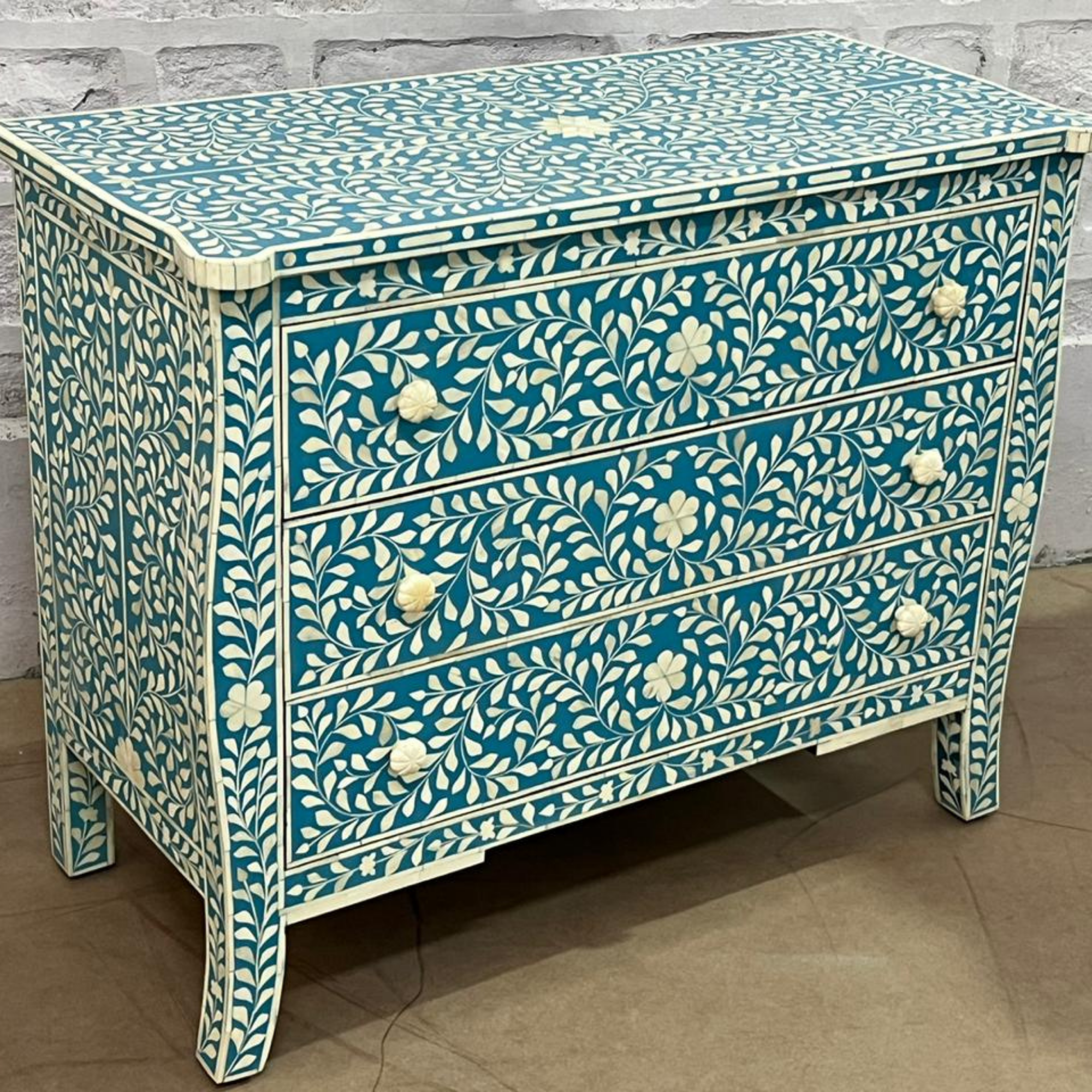 Handmade Turquoise Bone Inlay Floral 3 Drawer Chest | Luxury Bone Inlay Dresser