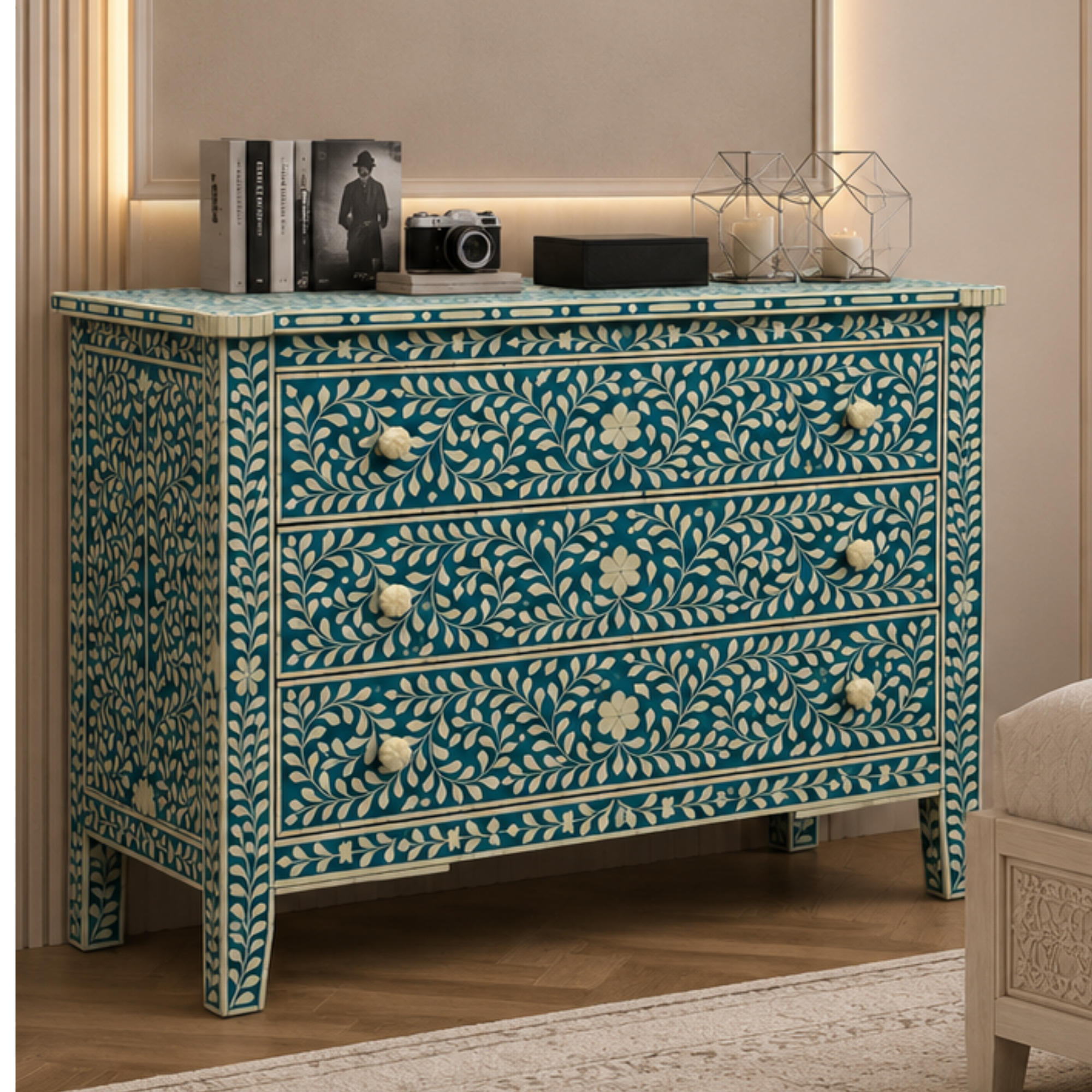 Handmade Turquoise Bone Inlay Floral 3 Drawer Chest | Luxury Bone Inlay Dresser