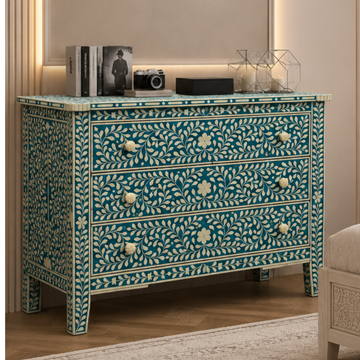 Handmade Turquoise Bone Inlay Floral 3 Drawer Chest | Luxury Bone Inlay Dresser