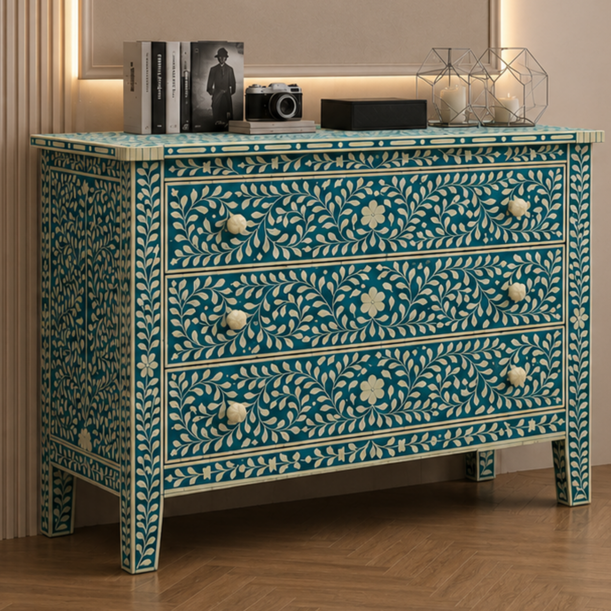 Handmade Turquoise Bone Inlay Floral 3 Drawer Chest | Luxury Bone Inlay Dresser