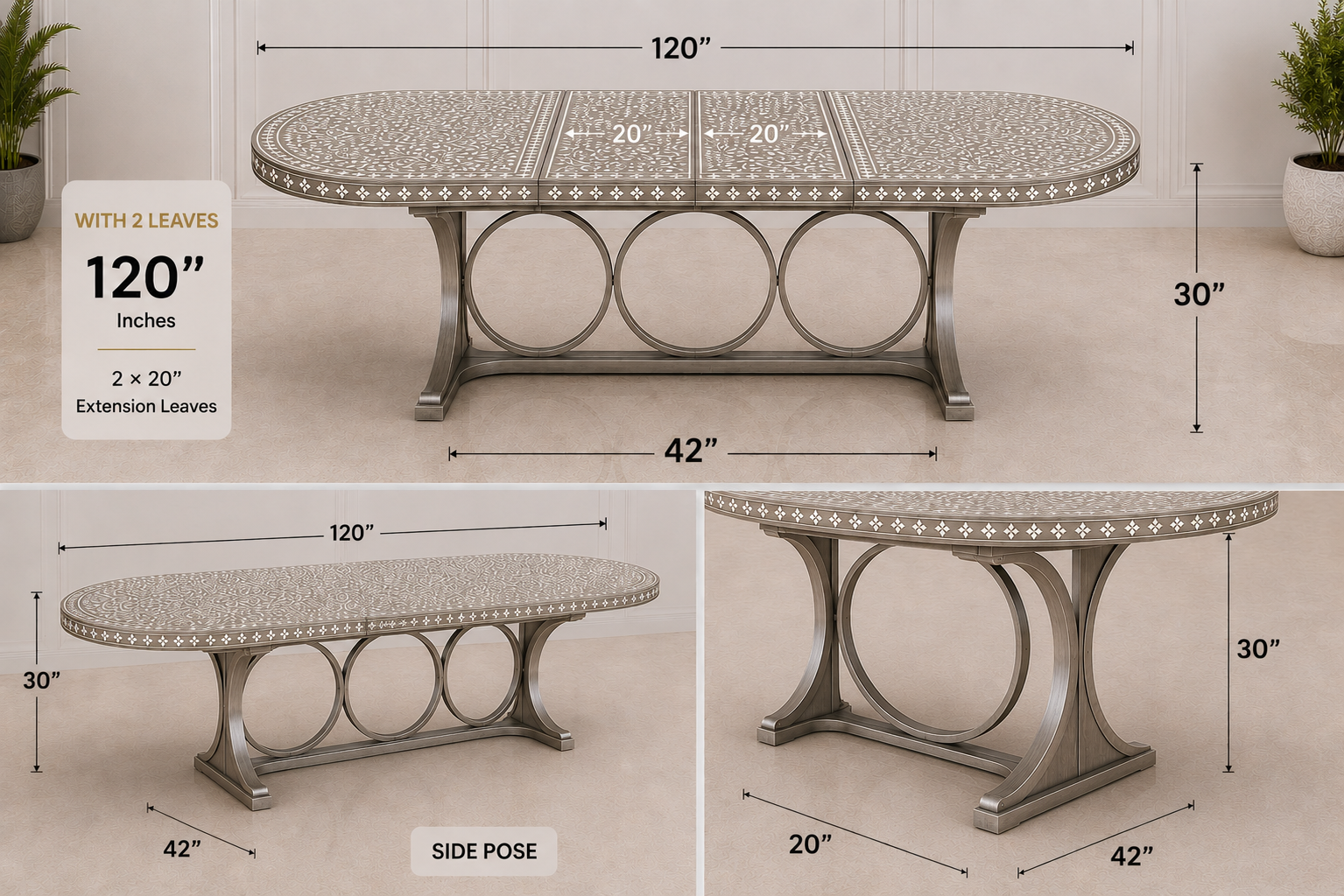 Luxury 100-inch extendable dining table with handcrafted inlay work and 2 extension leaves. Elegant design for large family dining spaces.
