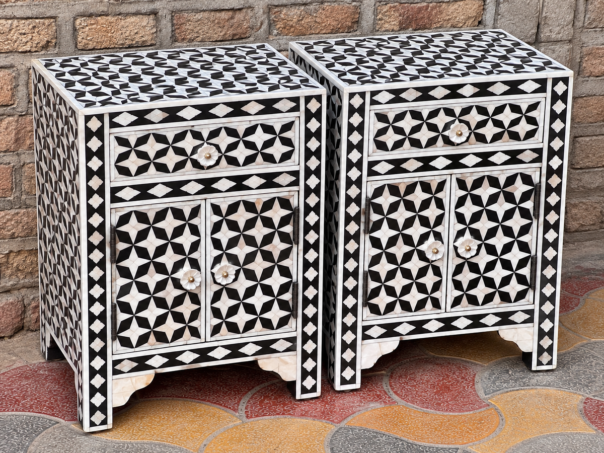 Set of 2 Black Mother of Pearl Inlay Bedside Tables – Handmade Geometric Nightstands with Drawer & Cabinet