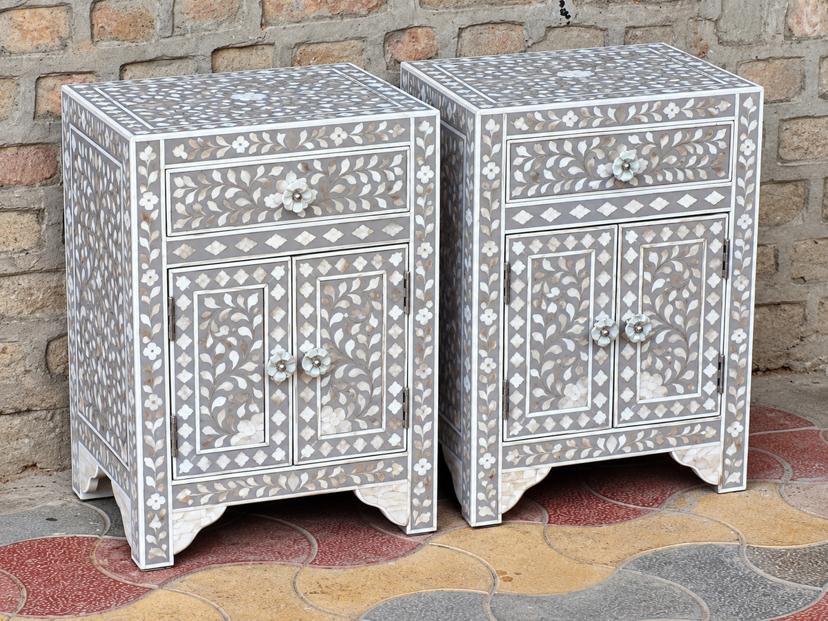 Set of 2 Grey Mother of Pearl Inlay Bedside Tables – Handmade Floral Nightstands with Drawer & Cabinet