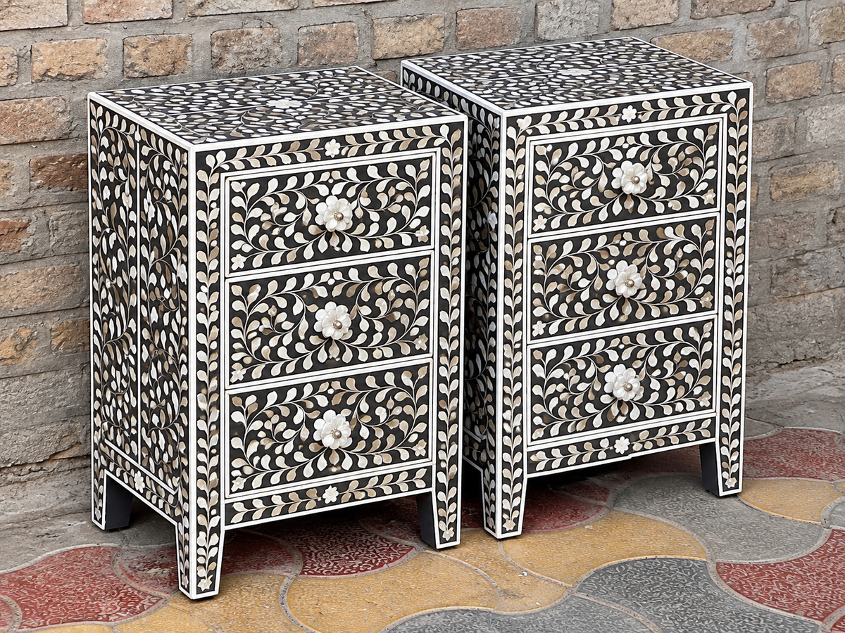 Set of 2 Black Mother of Pearl Inlay Bedside Tables – Handmade Floral 3 Drawer Nightstands