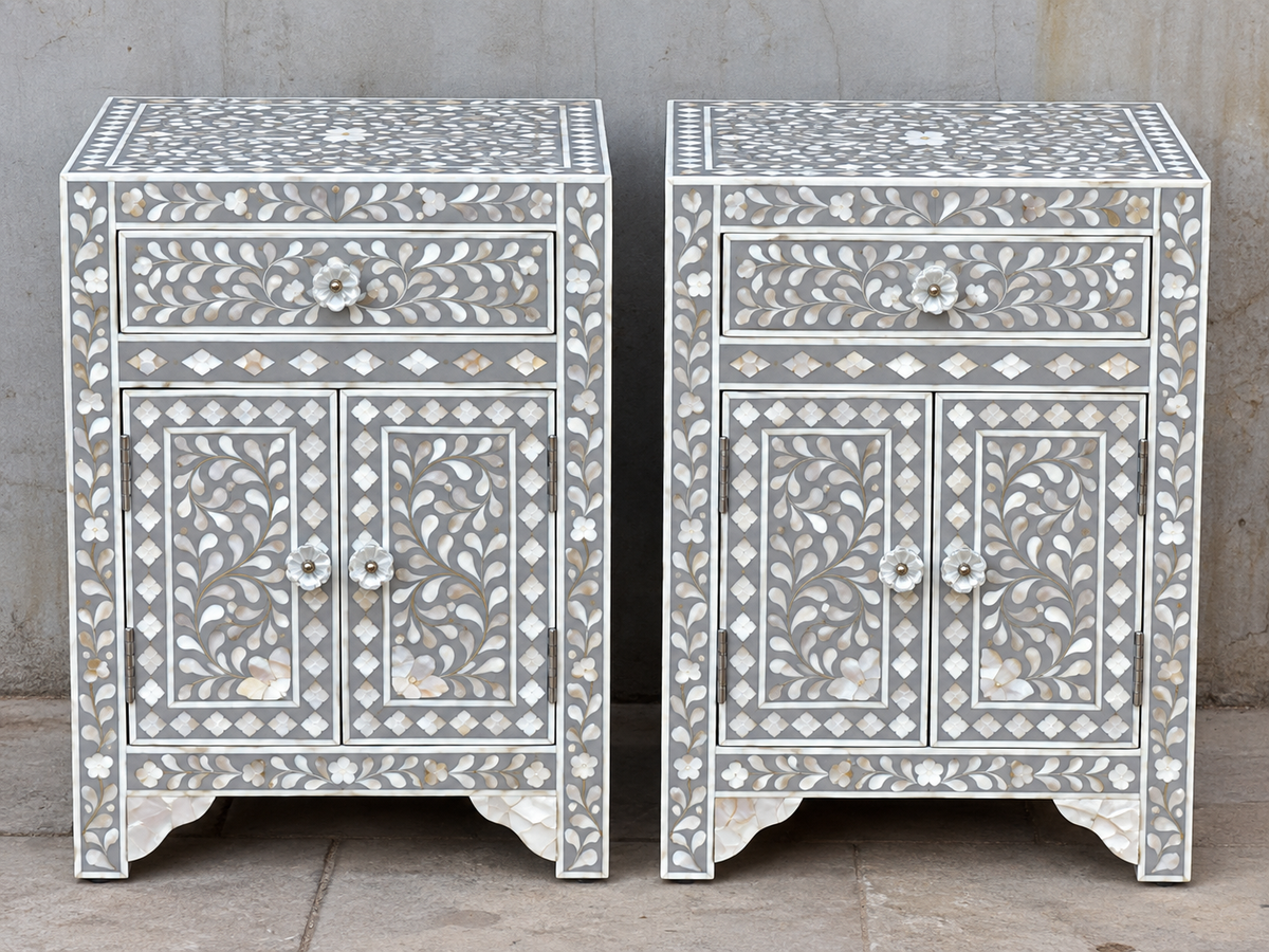 Set of 2 grey Mother of Pearl inlay bedside tables with floral design, drawer and double-door storage cabinets