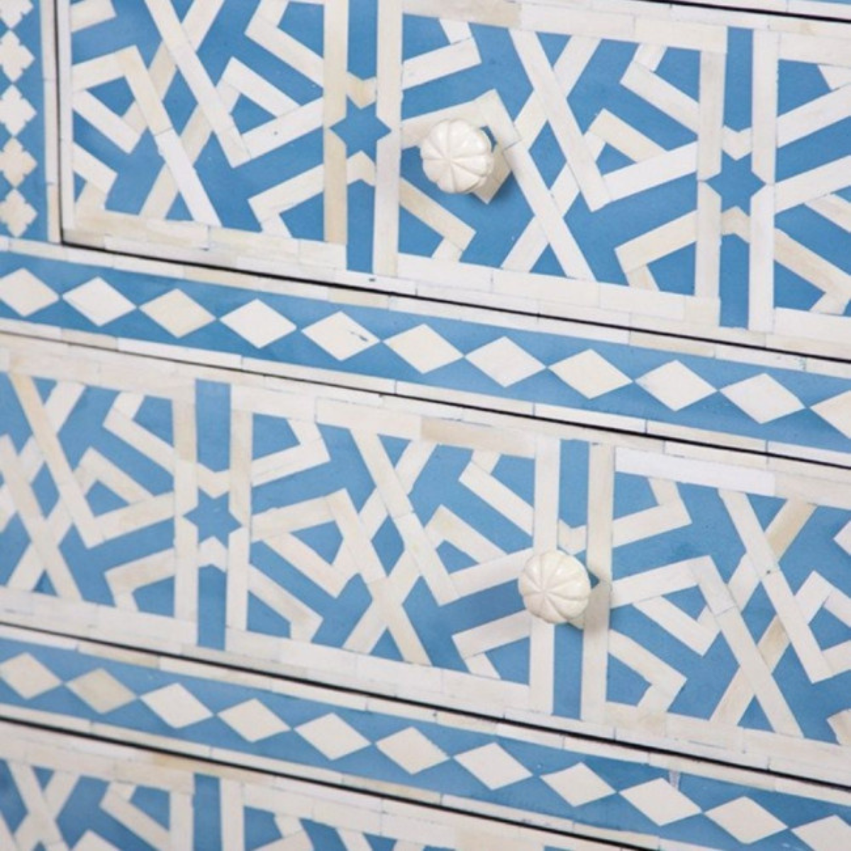Blue Bone Inlay 4 Drawer Dresser | Geometric Pattern Chest of Drawers | Handmade Boho Storage Cabinet
