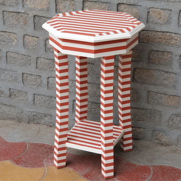Terracotta Striped Bone Inlay End Table – Octagonal Side Table