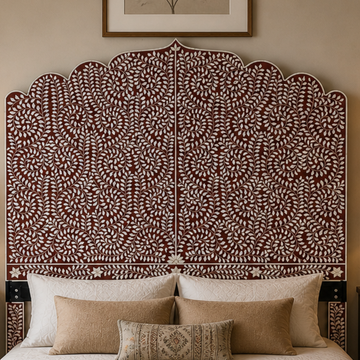 Handmade Bone Inlay Floral Headboard Scalloped Design Wooden Headboard Luxury Bedroom Furniture Custom King Queen Headboard