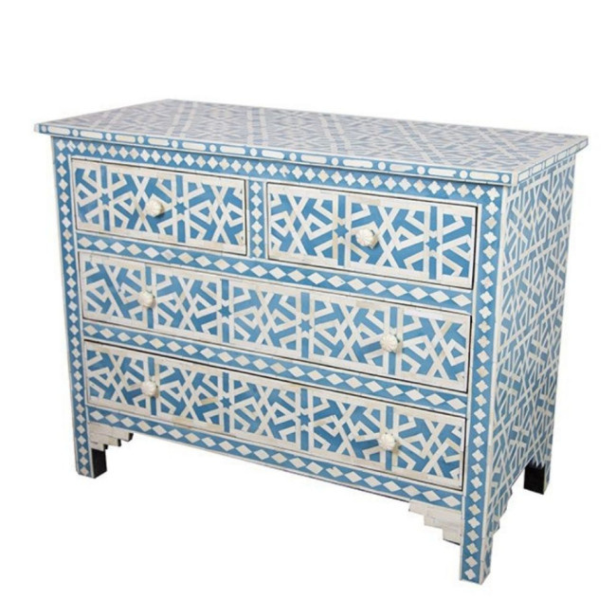 Blue Bone Inlay 4 Drawer Dresser | Geometric Pattern Chest of Drawers | Handmade Boho Storage Cabinet