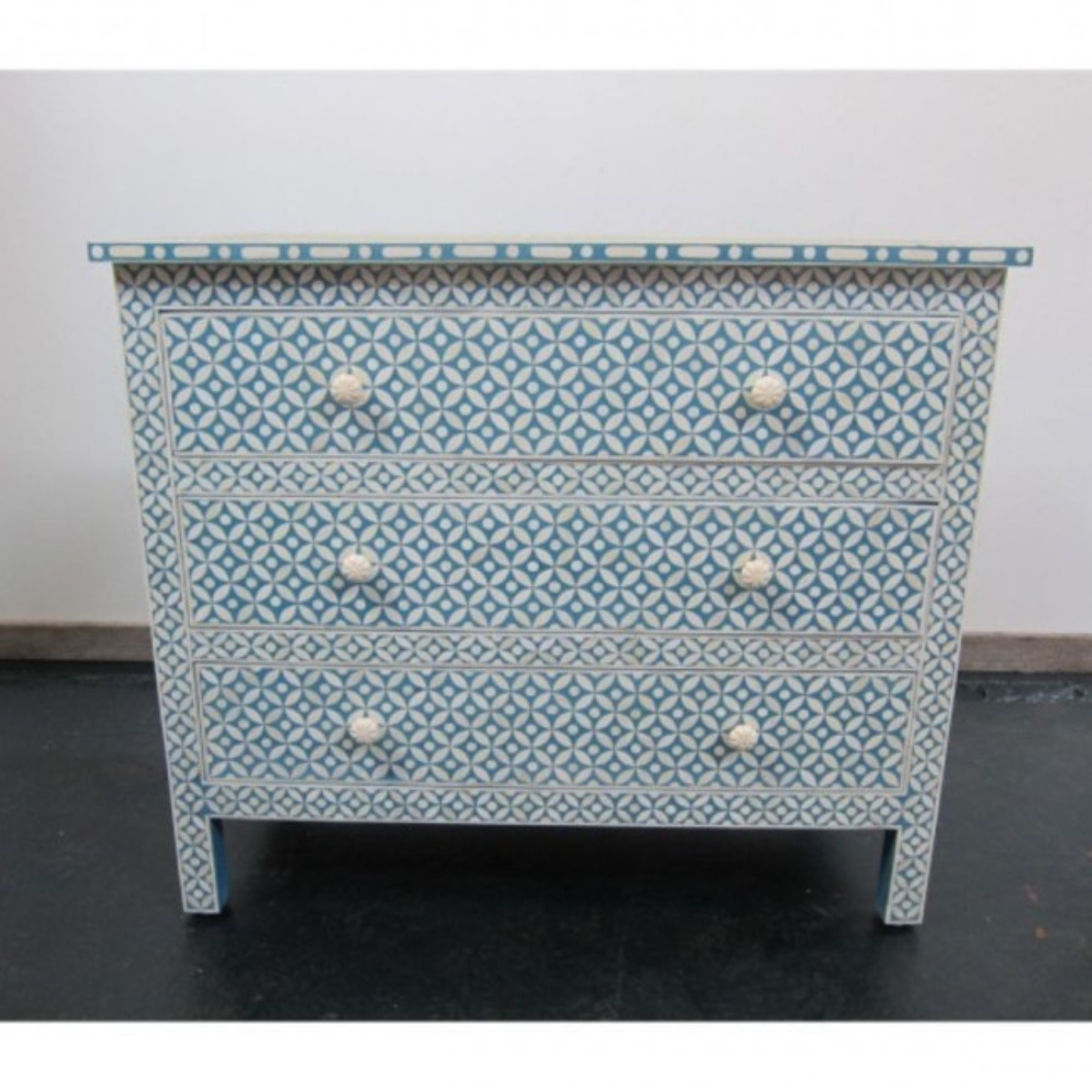 Blue Floral Bone Inlay 3 Drawer Dresser | Handmade Inlay Chest | Boho Chic Storage Cabinet