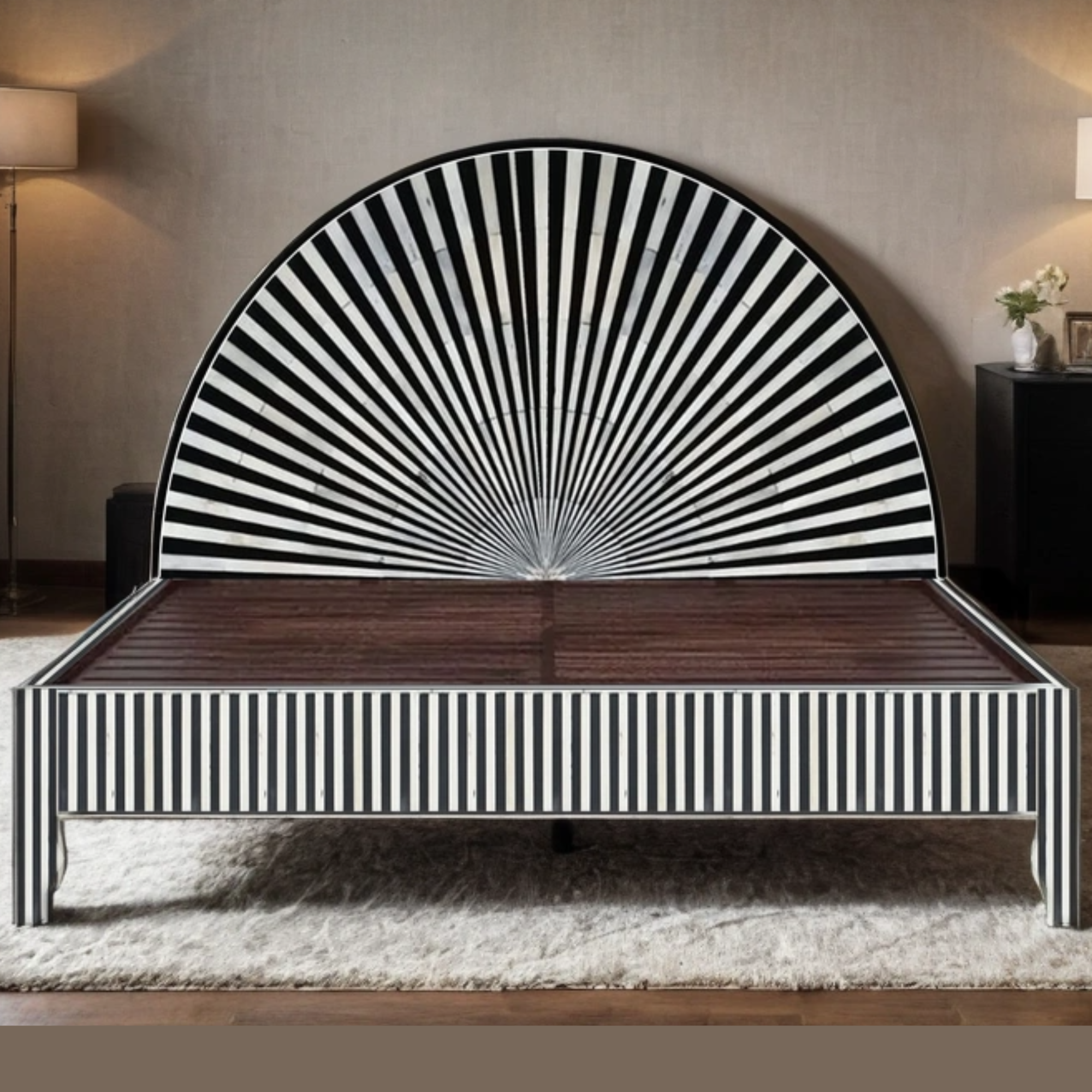 Black White Stripe Bone Inlay Bed Sunburst Headboard Luxury Handmade Platform Bed