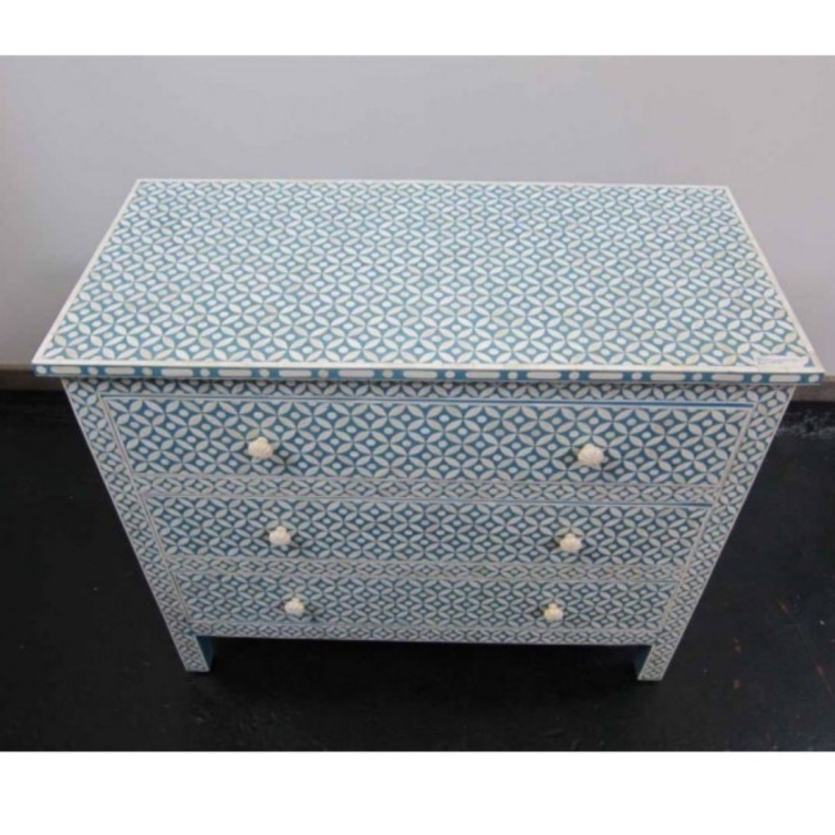 Blue Floral Bone Inlay 3 Drawer Dresser | Handmade Inlay Chest | Boho Chic Storage Cabinet