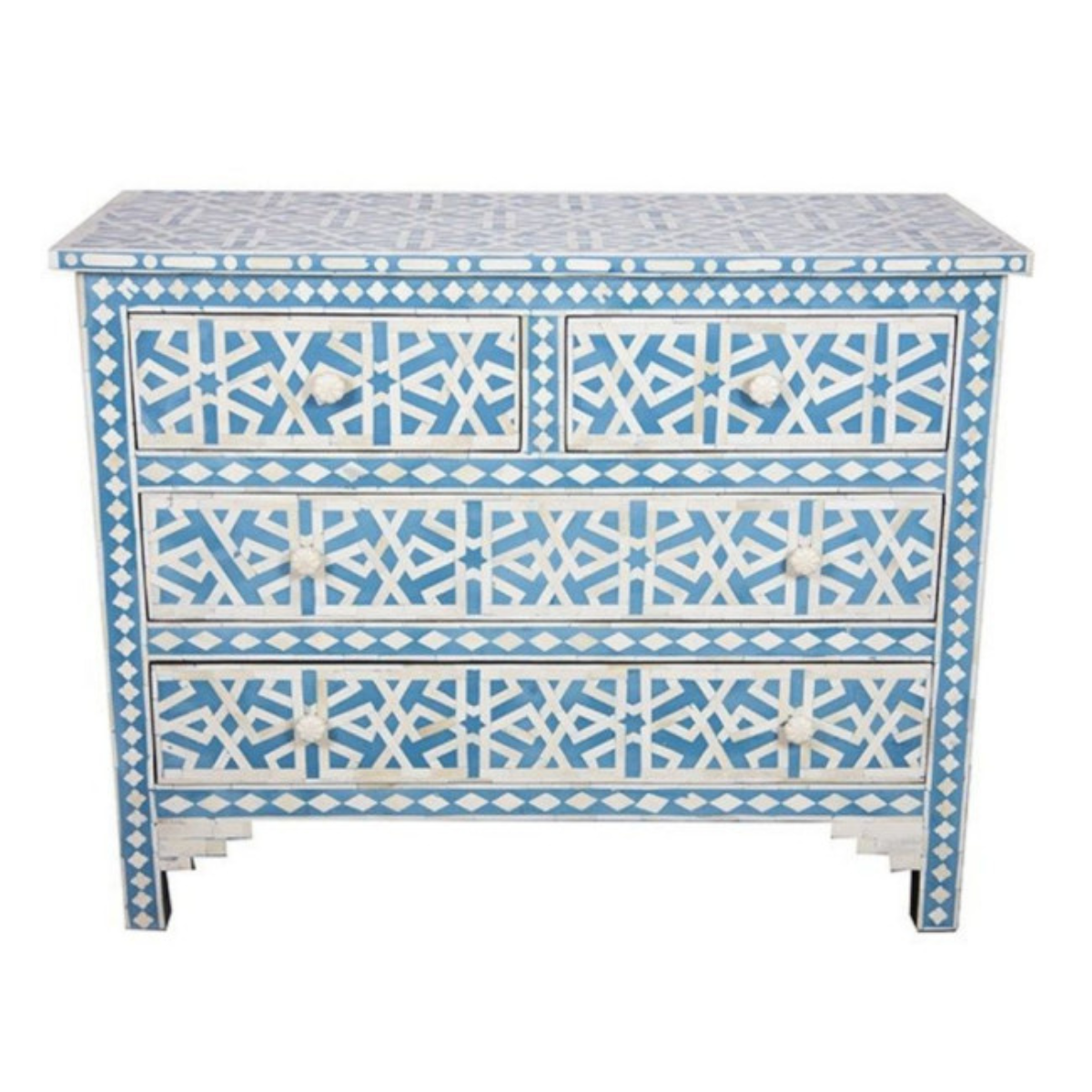 Blue Bone Inlay 4 Drawer Dresser | Geometric Pattern Chest of Drawers | Handmade Boho Storage Cabinet