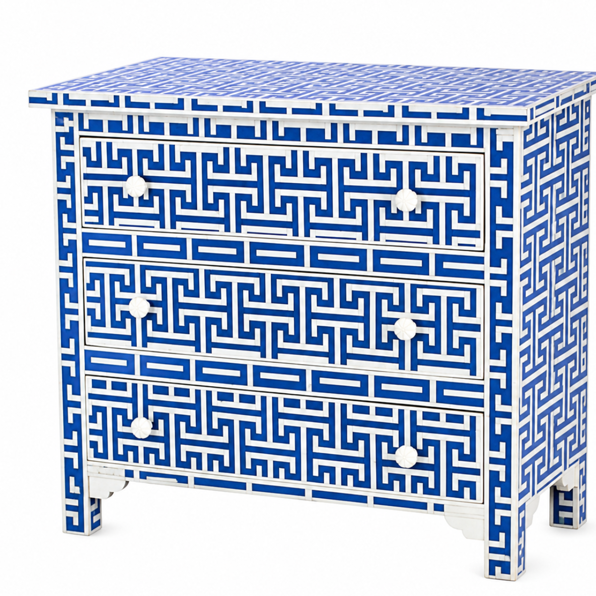 Blue Greek Key Bone Inlay 3 Drawer Dresser | Geometric Inlay Chest | Handmade Boho Storage Cabinet