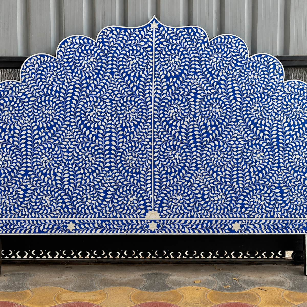 Blue White Bone Inlay Headboard Handmade Scalloped Floral Bed Headboard Luxury Boho Bedroom Furniture Decor