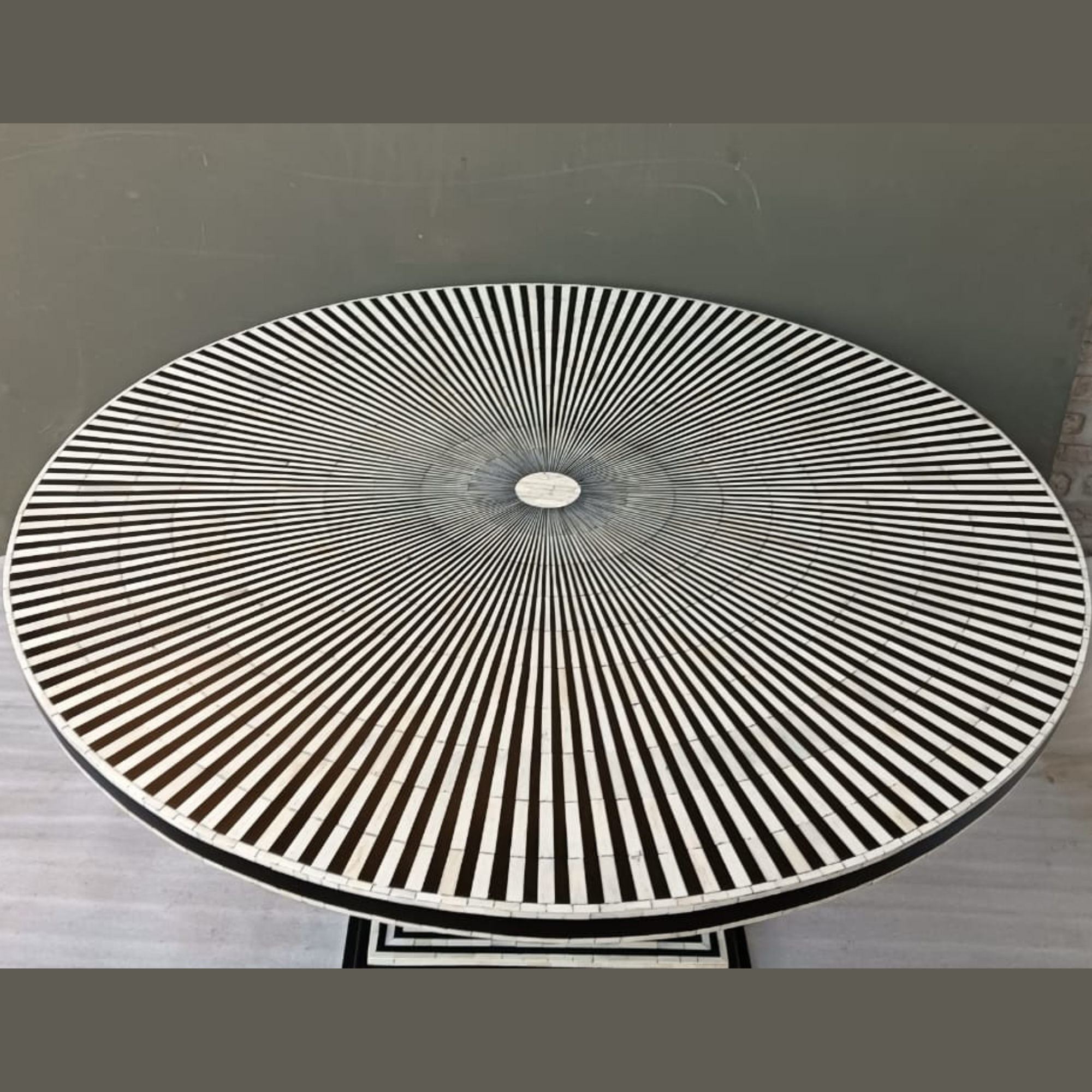 Handmade Bone Inlay Dining Table – Black White Stripe Round Dining Table, Modern Pedestal Table, Luxury Inlay Furniture