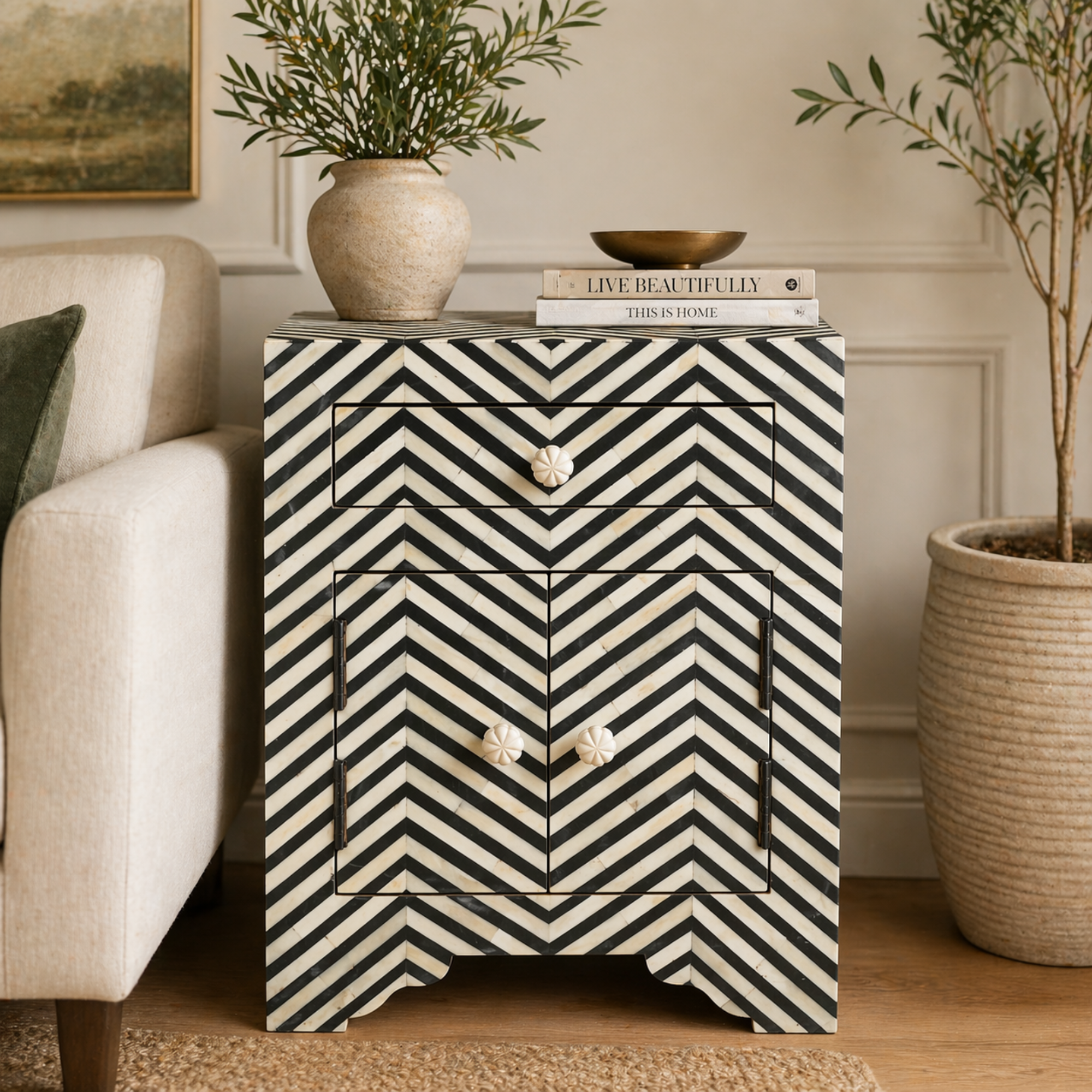 Handmade Bone Inlay Zig Zag Cabinet Black White Chevron Pattern Nightstand Storage Cabinet