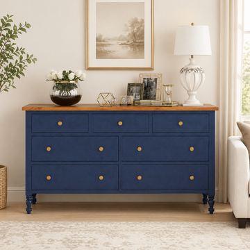 Blue Solid Wood 7 Drawer Dresser, Handmade Wooden Sideboard, Two Tone Storage Cabinet, Luxury Bedroom Furniture, Modern Classic Console