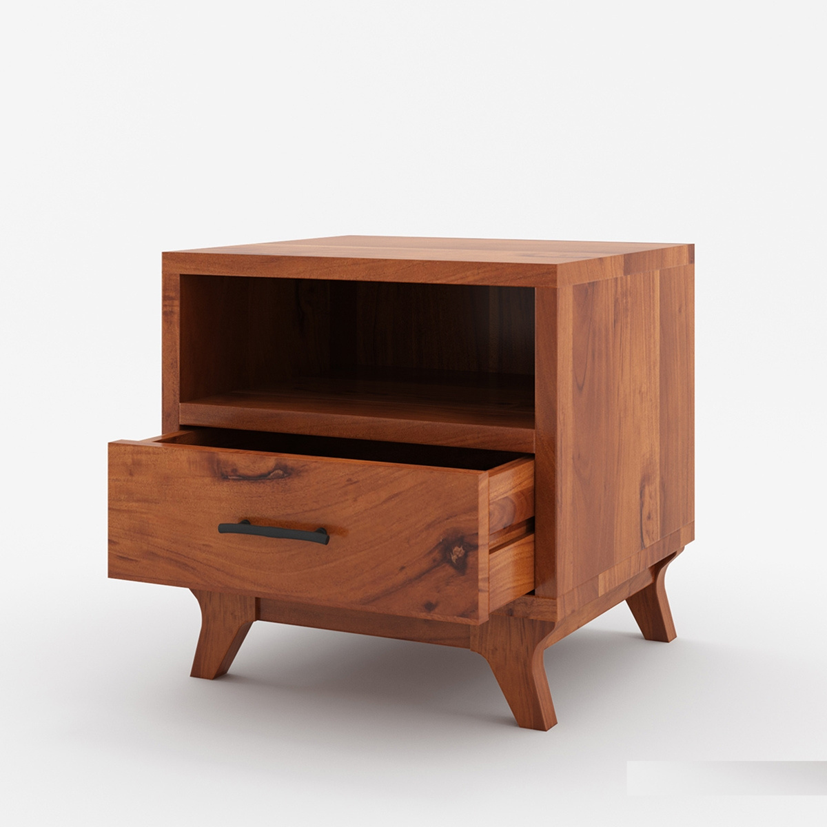 Solid Wood Bedside Table with Open Shelf & Drawer | Modern Wooden Nightstand | Rustic Bedroom Side Table