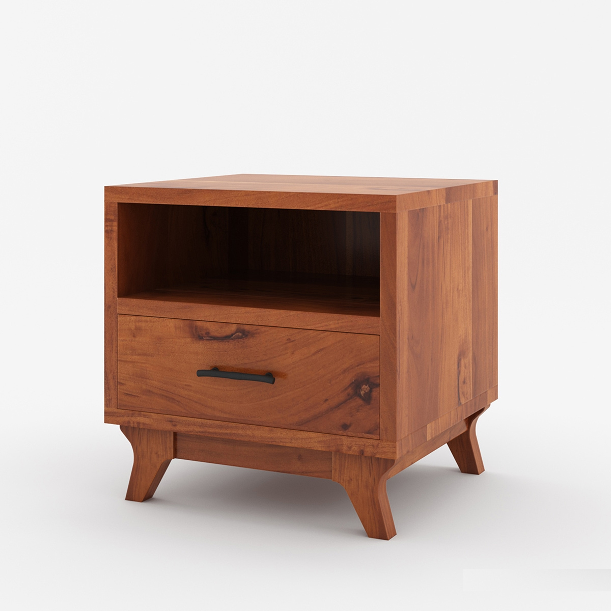 Solid Wood Bedside Table with Open Shelf & Drawer | Modern Wooden Nightstand | Rustic Bedroom Side Table
