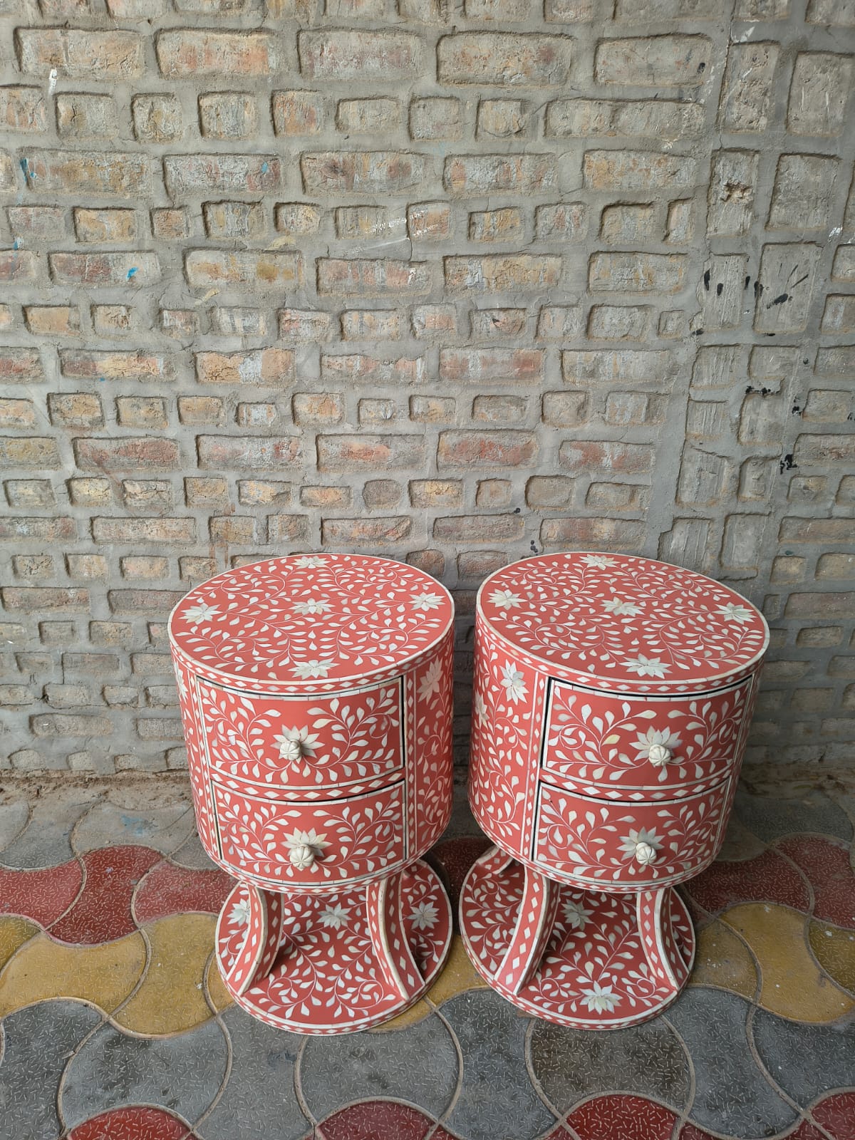 Set of 2 Coral Bone Inlay Round Nightstands – Handmade Floral Side Tables with Drawers