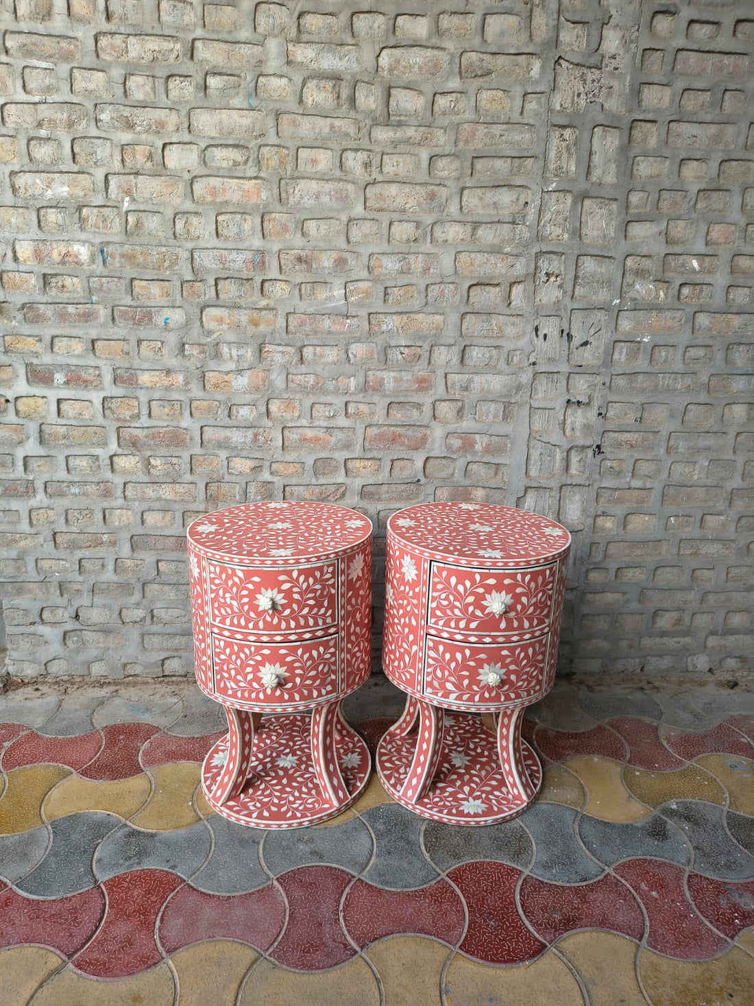 Set of 2 Coral Bone Inlay Round Nightstands – Handmade Floral Side Tables with Drawers