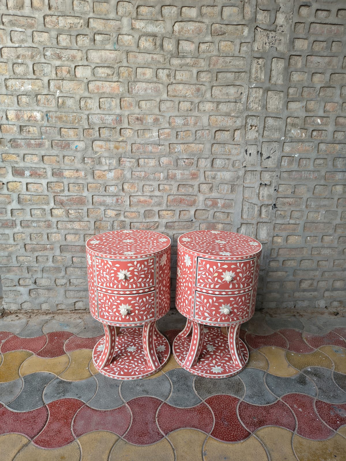 Set of 2 Coral Bone Inlay Round Nightstands – Handmade Floral Side Tables with Drawers
