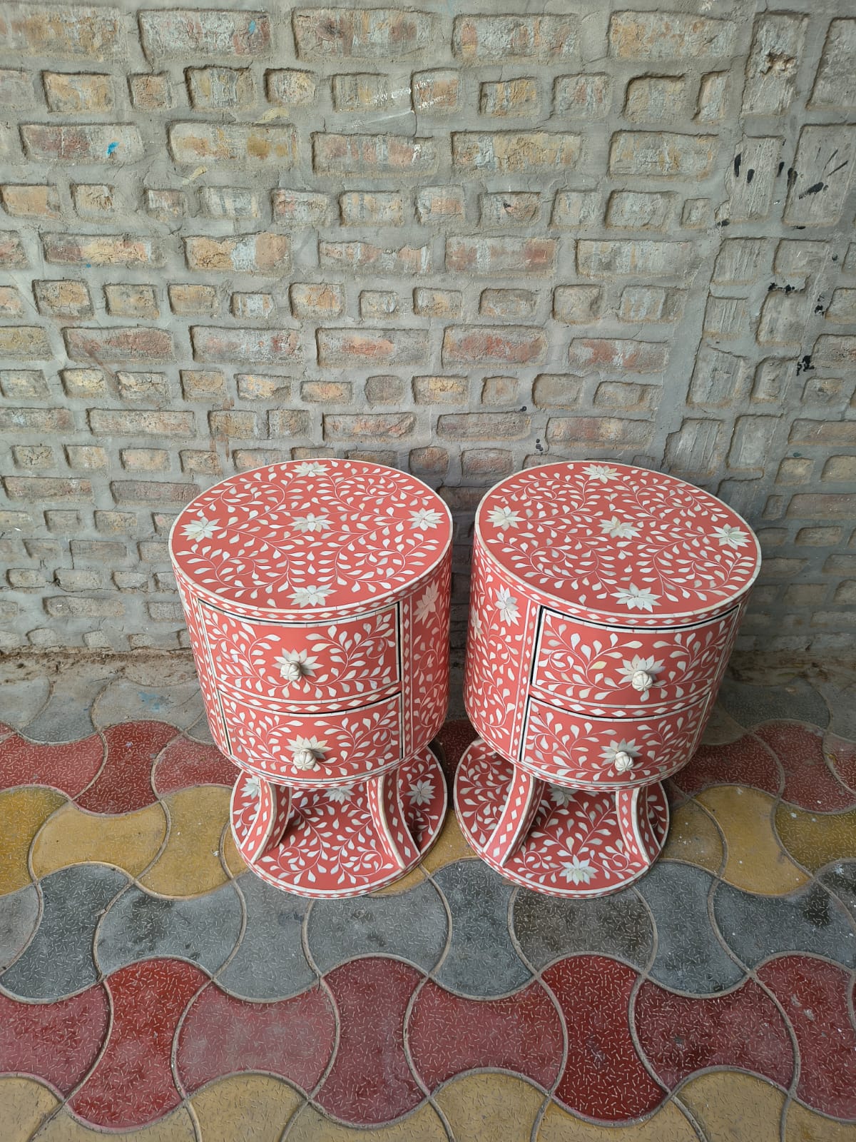 Set of 2 Coral Bone Inlay Round Nightstands – Handmade Floral Side Tables with Drawers