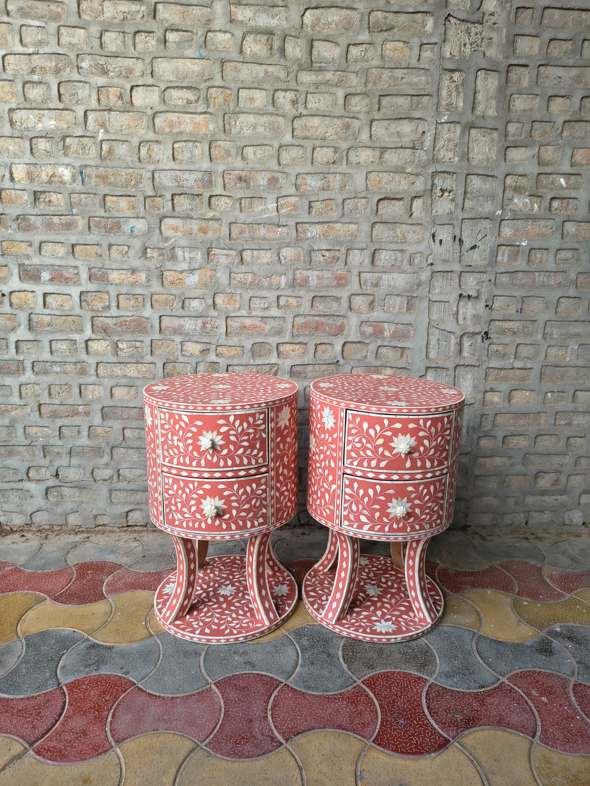 Set of 2 Coral Bone Inlay Round Nightstands – Handmade Floral Side Tables with Drawers