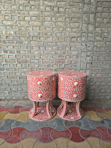 Set of 2 Coral Bone Inlay Round Nightstands – Handmade Floral Side Tables with Drawers