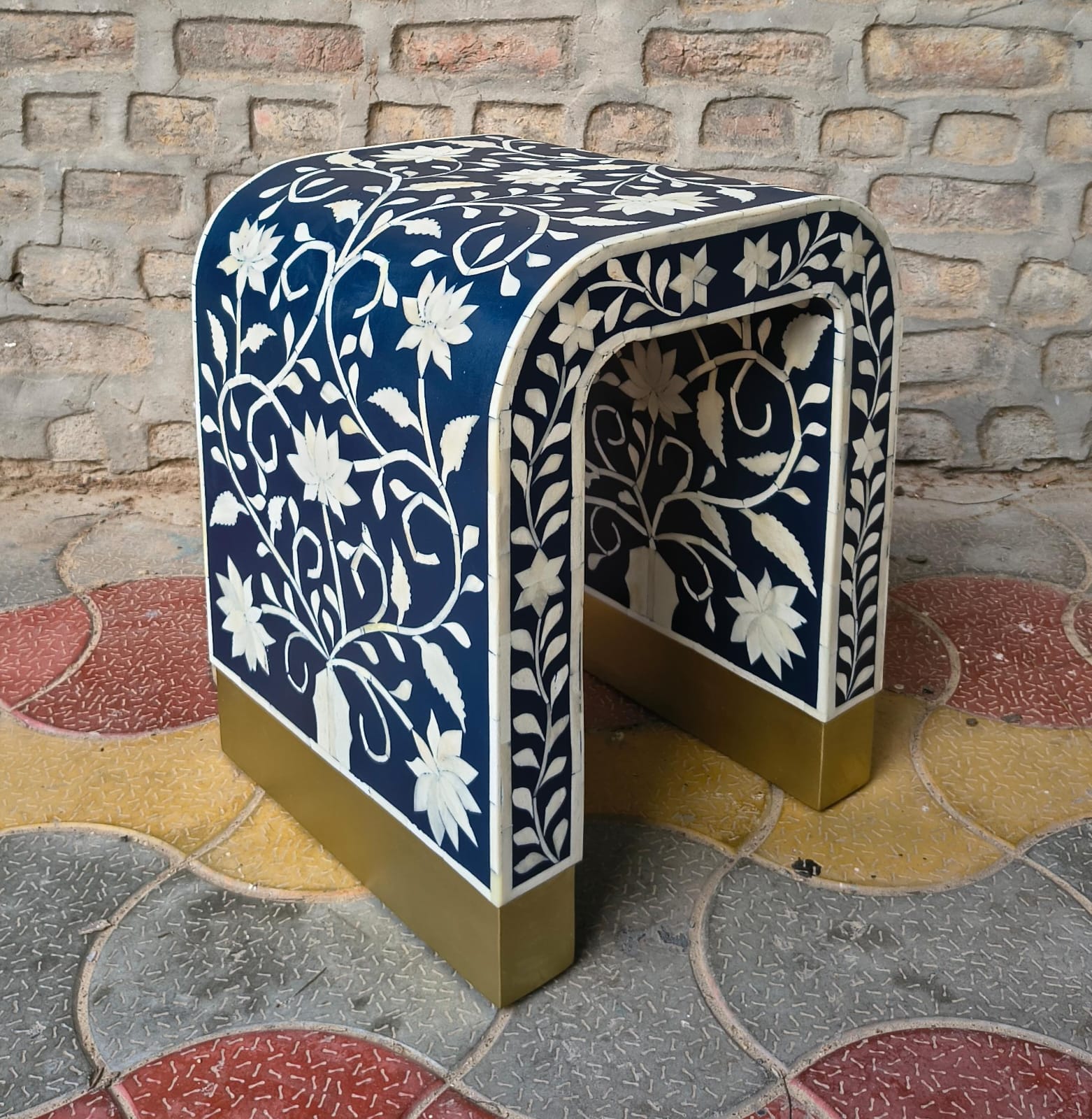 Navy Blue Floral Bone Inlay Waterfall End Table – Handmade Side Table with Gold Base