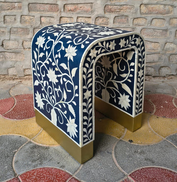 Navy Blue Floral Bone Inlay Waterfall End Table – Handmade Side Table with Gold Base