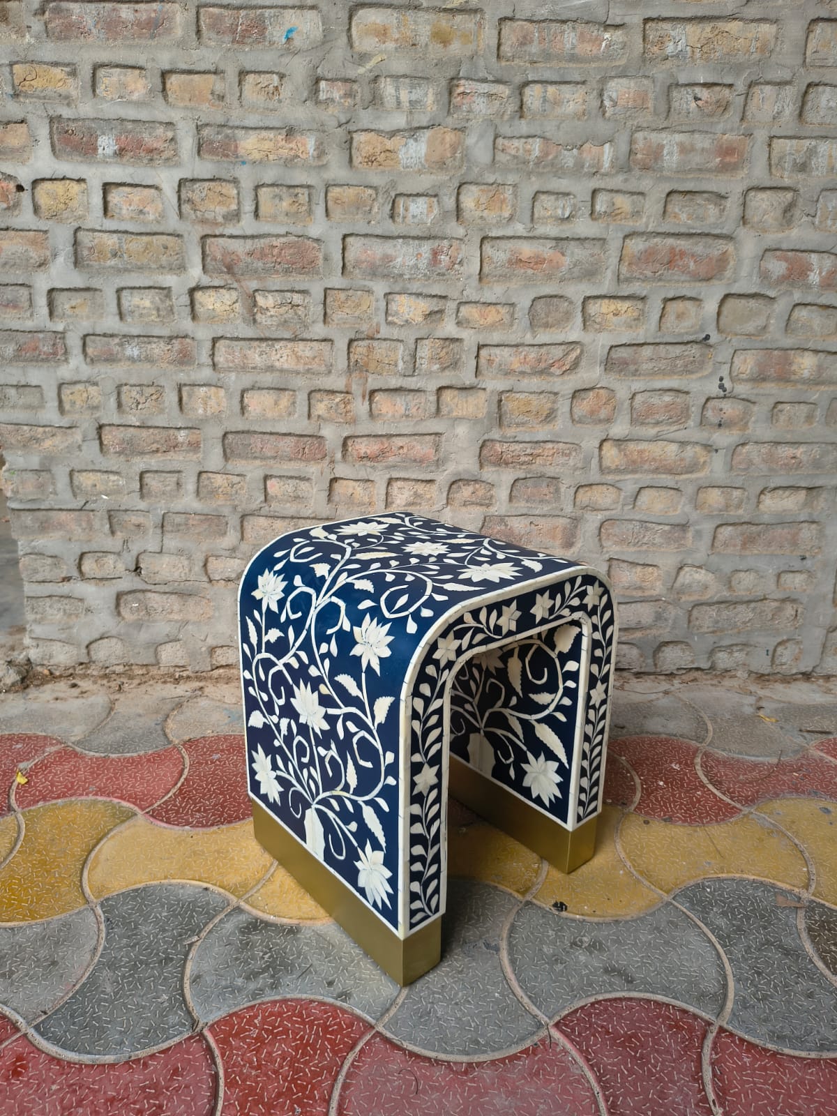 Navy Blue Floral Bone Inlay Waterfall End Table – Handmade Side Table with Gold Base