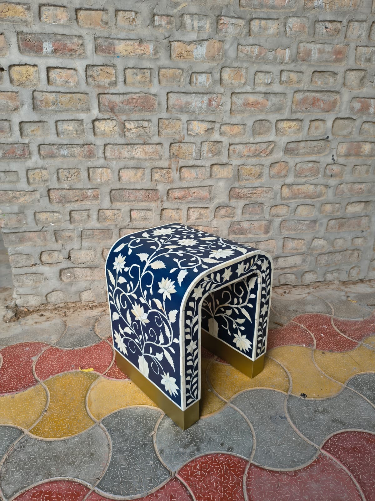 Navy Blue Floral Bone Inlay Waterfall End Table – Handmade Side Table with Gold Base