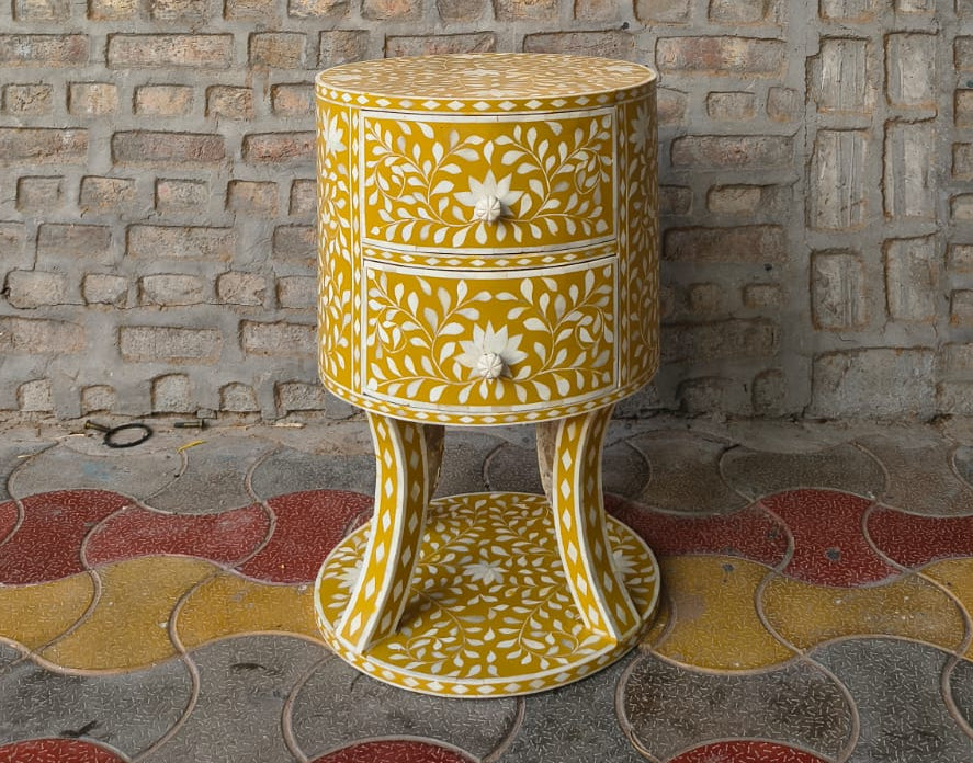 Handmade Mustard Yellow Bone Inlay Bedside Table – Floral 2 Drawer Round Nightstand
