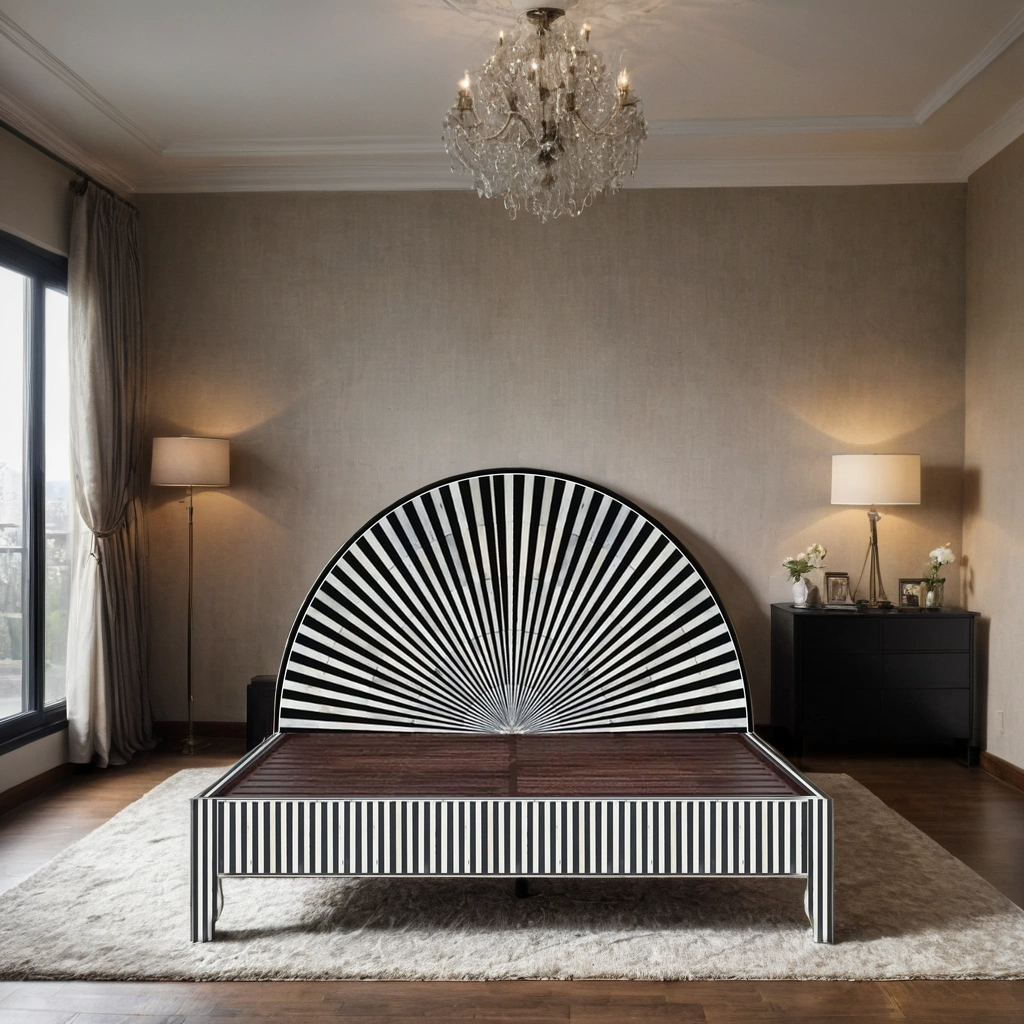 Black White Stripe Bone Inlay Bed Sunburst Headboard Luxury Handmade Platform Bed