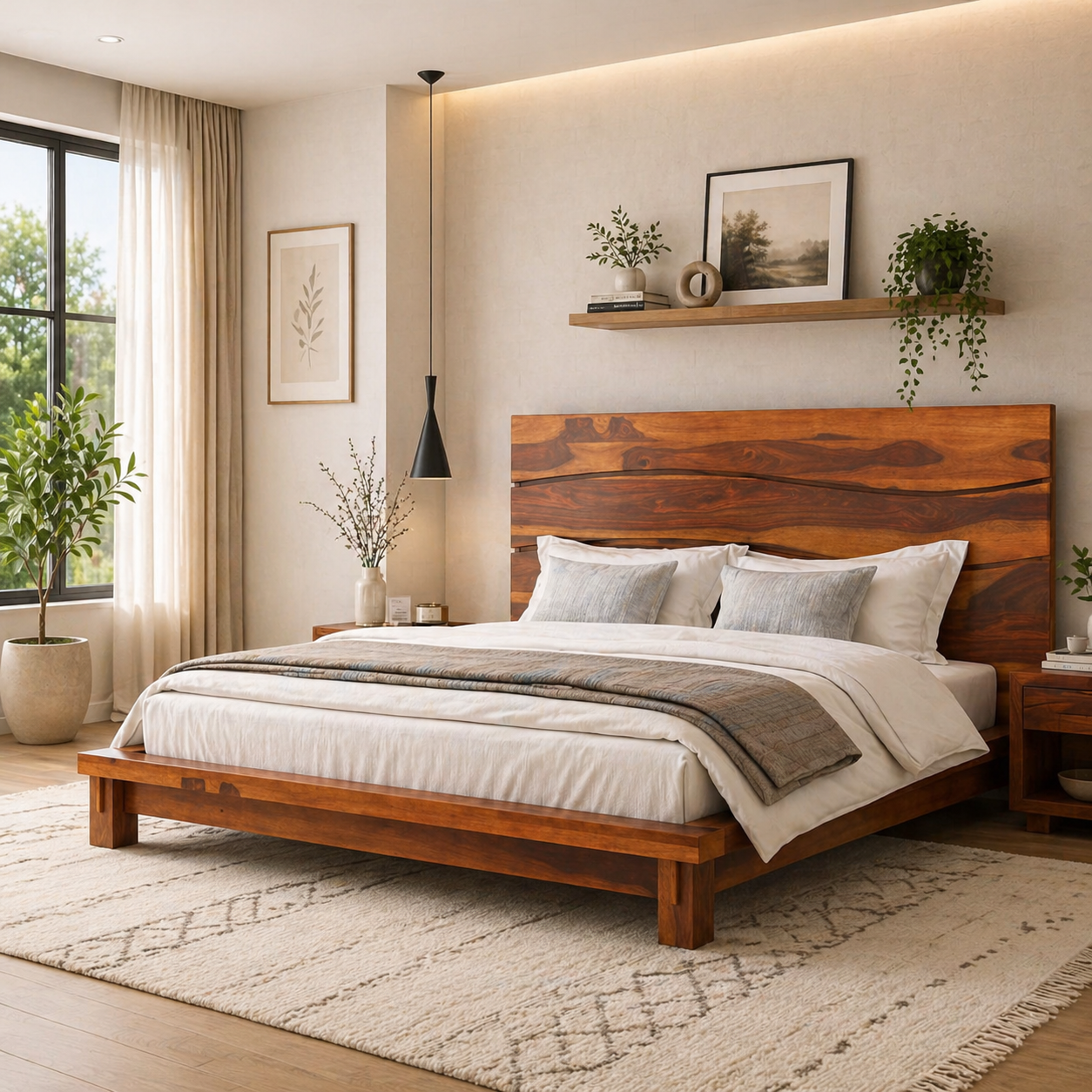 Luxury Solid Wood Platform Bed with High Headboard – Modern Wave Design Handmade Wooden Bed Frame