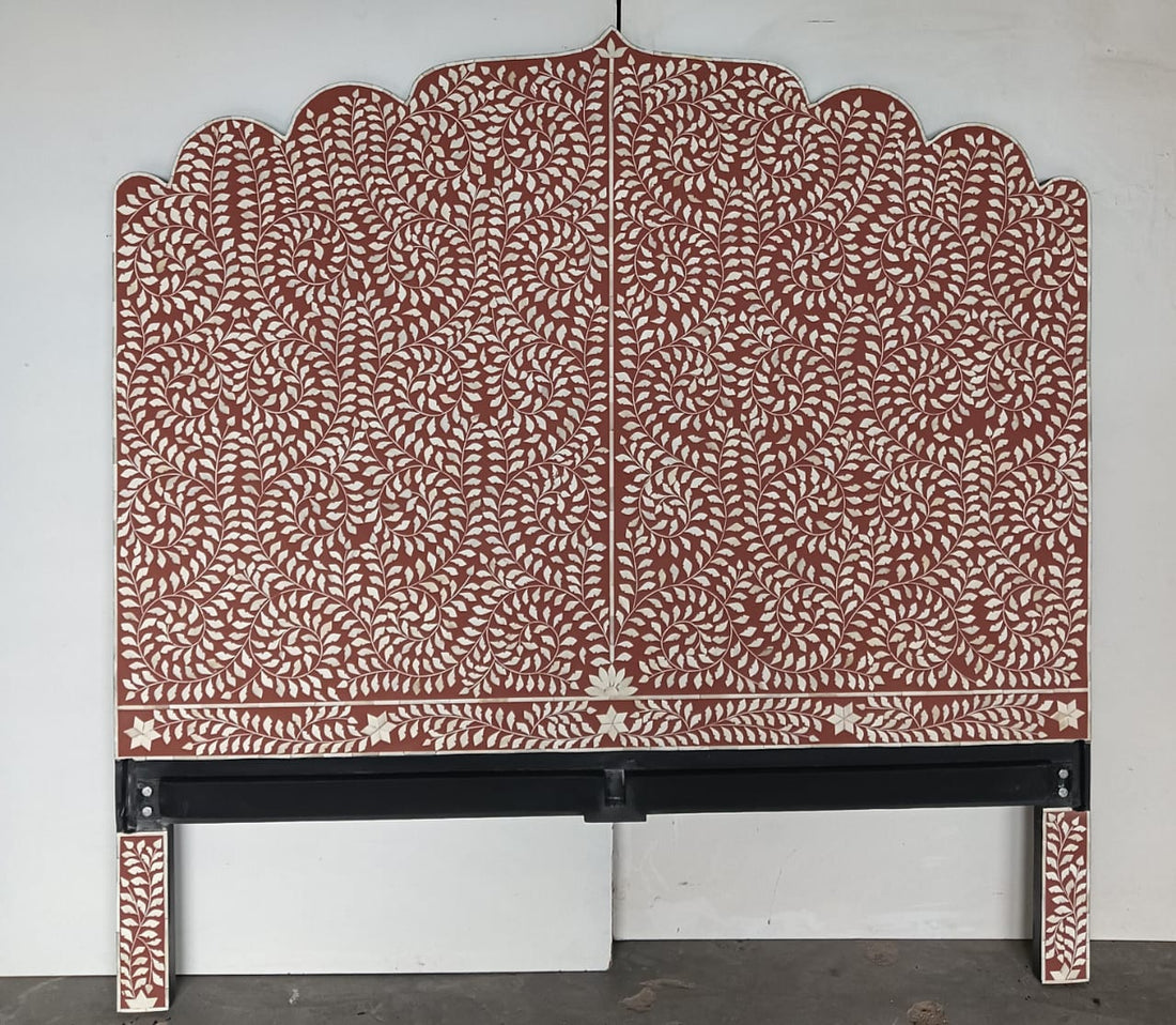 Handmade Bone Inlay Floral Headboard Scalloped Design Wooden Headboard Luxury Bedroom Furniture Custom King Queen Headboard