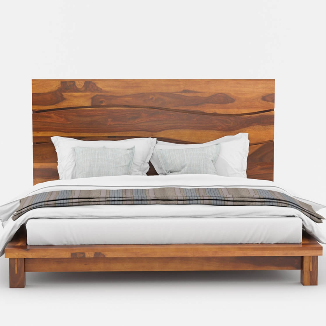 Luxury Solid Wood Platform Bed with High Headboard – Modern Wave Design Handmade Wooden Bed Frame