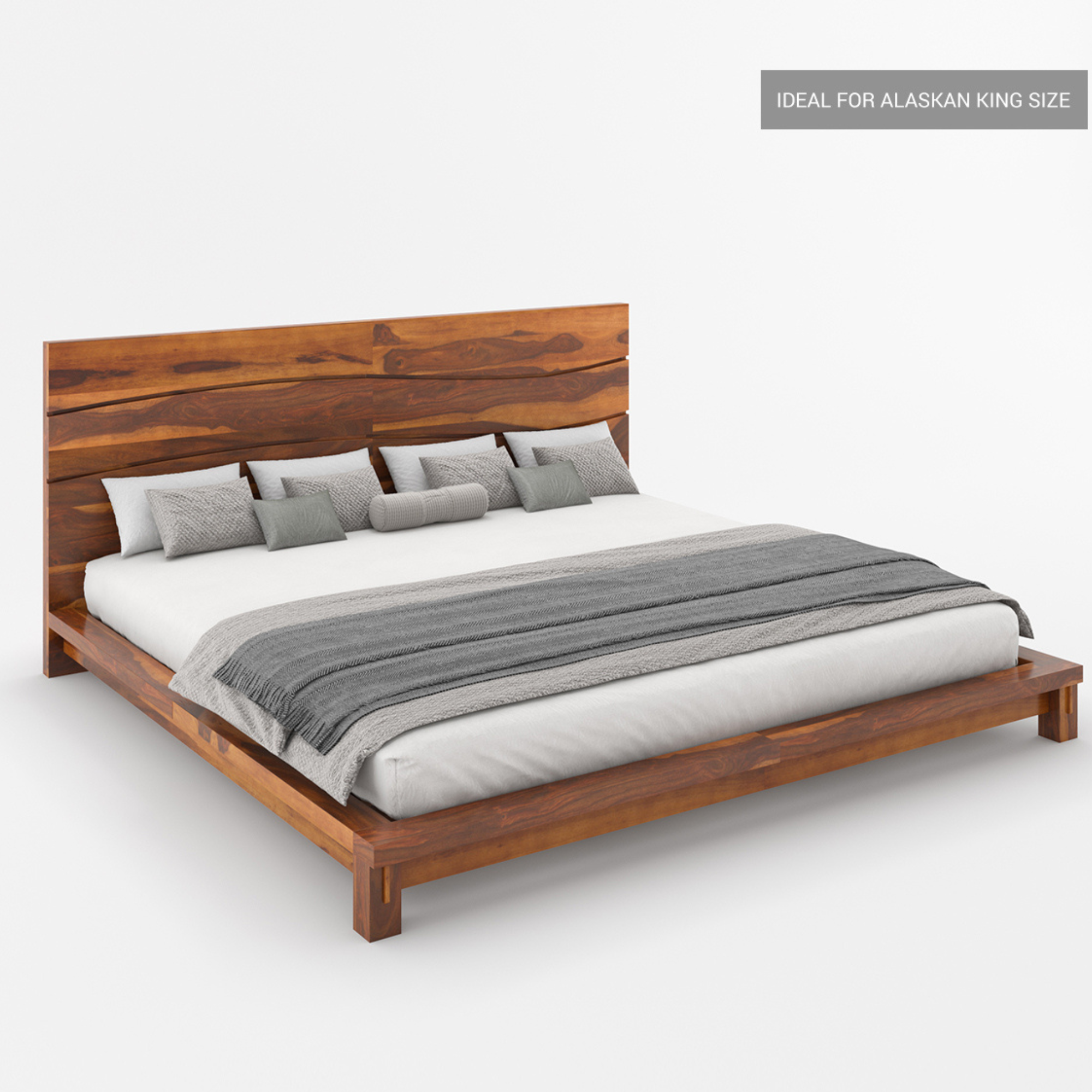 Luxury Solid Wood Platform Bed with High Headboard – Modern Wave Design Handmade Wooden Bed Frame