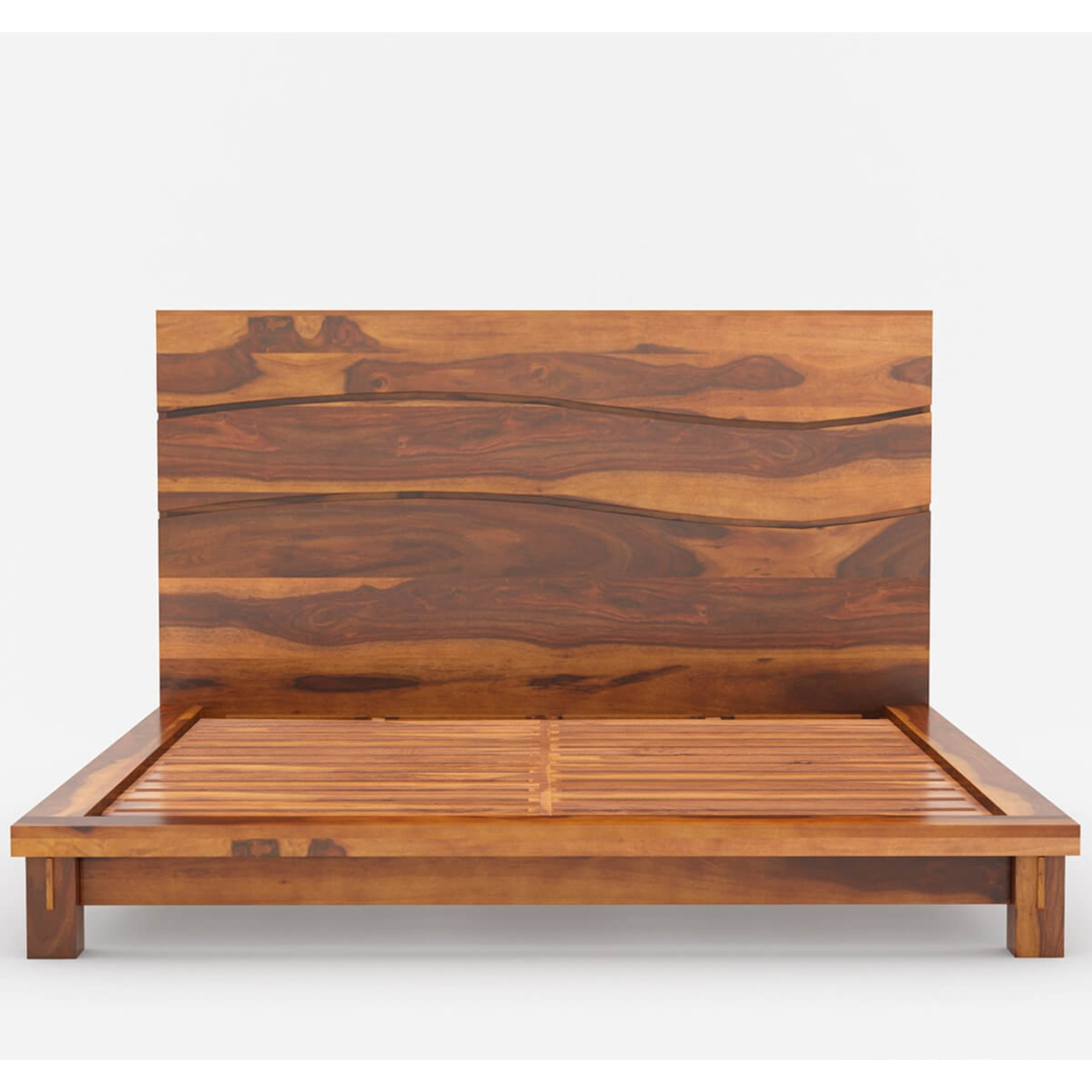 Luxury Solid Wood Platform Bed with High Headboard – Modern Wave Design Handmade Wooden Bed Frame